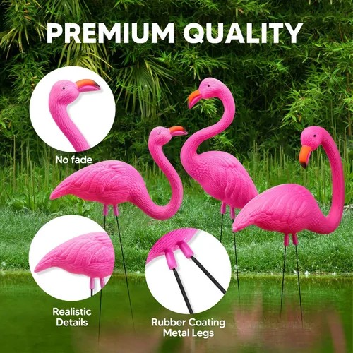Vista 5 de JOYIN Paquete de 3 Decoraciones Grandes de Flamenco Rosa para Patio, Estacas de Ornamento de Flamenco de Césped de Plástico Mediano con Patas