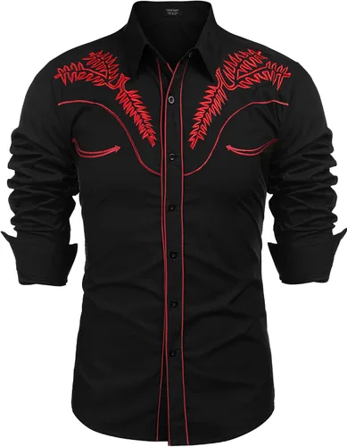 Vista 10 de COOFANDY Camisa occidental para hombre de manga larga con bordados, camisa de vaquero casual con botones café (01-Coffee(Pattern1))
