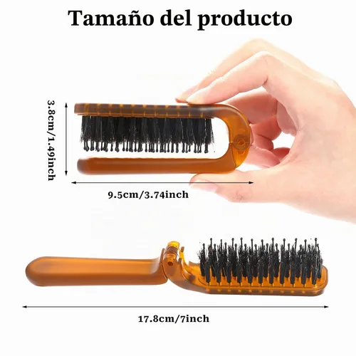 Vista 4 de Sliverdew Cepillo de pelo, mini cepillo de pelo plegable de cerdas de jabalí para mujeres y hombres, pequeño mini cepillo compacto tamaño de Ámbar