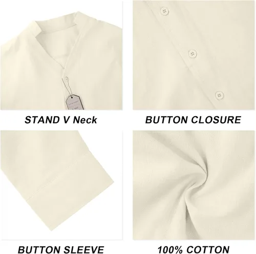 Vista 4 de CTU Conjunto de 2 piezas de lino para hombre, manga larga, cuello en V, camisas con botones, para verano, vacaciones, pantalones de yoga sueltos
