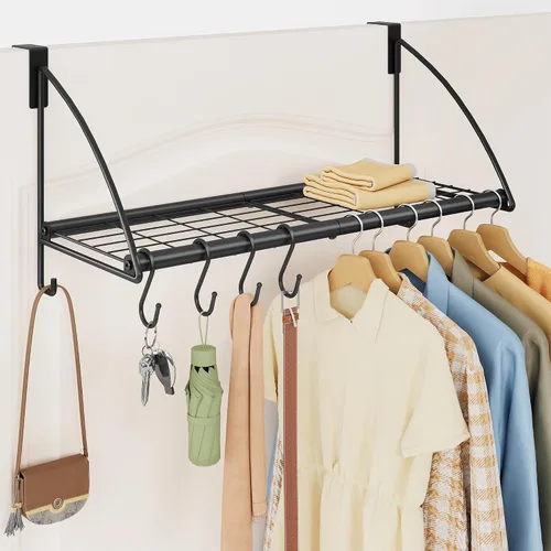 Vista 12 de Tajsoon Percha para colgar sobre la puerta con estante de almacenamiento y 6 ganchos, perchero para colgar abrigos, perchero de puerta para baño