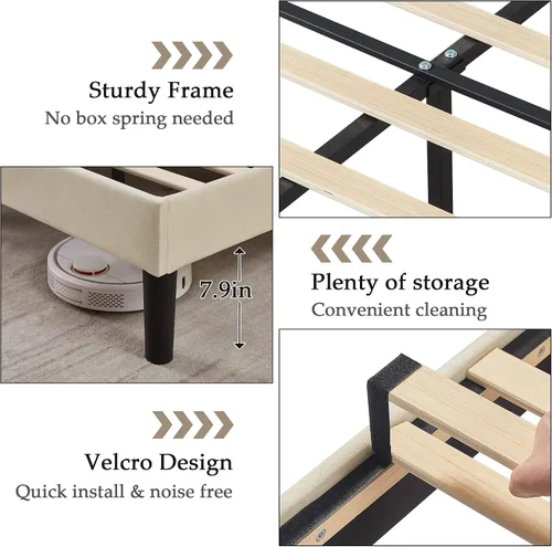 Vista 6 de VECELO Base de cama tamaño Queen tapizada con cabecera ajustable copetuda/base de colchón con soporte de listones de madera, fácil montaje, beige