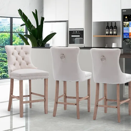 Vista 8 de SoarFlash Juego de 2 taburetes de bar tapizados de terciopelo moderno con patas de madera, botones acolchados, cabeza de clavo cromada, asiento