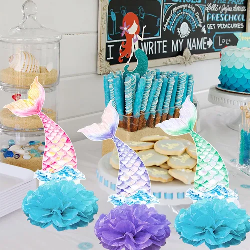 Vista 7 de Centros de mesa con temática de cola de sirena, centros de mesa de fiesta de cumpleaños de sirena, 12 piezas para decoración de mesa