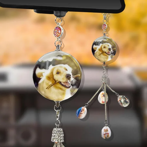 Vista 2 de Adornos colgantes de cristal con foto personalizada para automóvil, accesorios personalizados para espejo retrovisor para mujeres y hombres