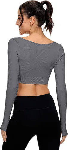 Vista 3 de Paquete de 3 camisetas cortas acanaladas sin costuras de manga larga con cuello cuadrado para mujer, entrenamiento, gimnasio, yoga