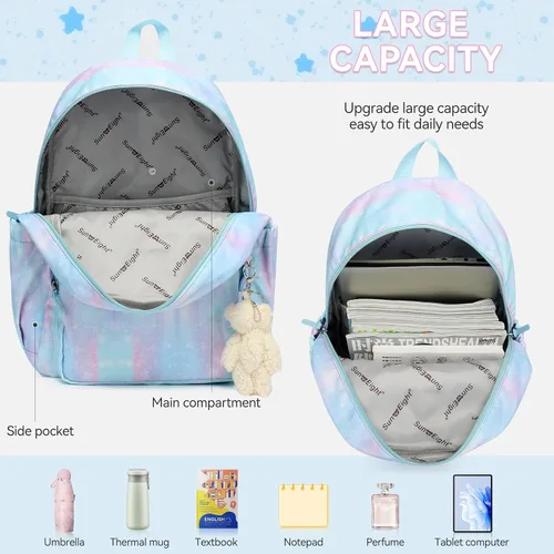 Vista 4 de Mochila para niños, mochila escolar clásica para niñas y niños, ligera, dos tamaños, multibolsillo, azul aguamarina