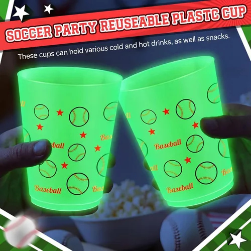 Vista 6 de 24 vasos de béisbol que brillan en la oscuridad, vasos de plástico esmerilados de 16 onzas, vaso verde reutilizable con patrones de estrellas