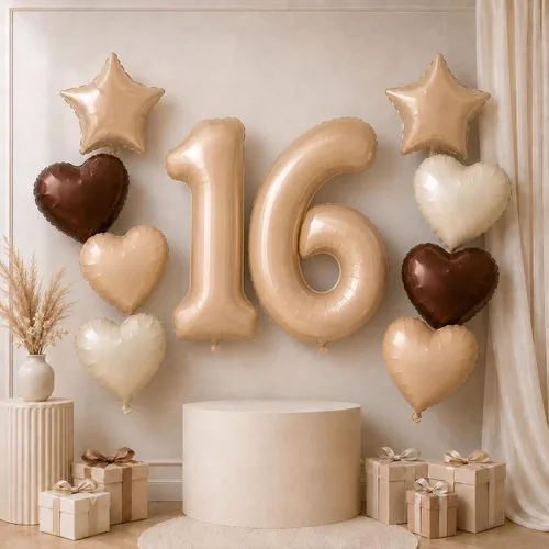 Vista 45 de Decoración de Globos Número 10 de 40 Pulgadas, Globos de Corazón Neutro de Papel de Aluminio Crema Retro Albaricoque Marrón con Globo de Helio