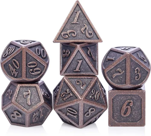 Vista 44 de DNDND - Dados de diseño antiguo, 7 dados de metal de latón con caja de metal para juegos de mesa como Dungeons and Dragons