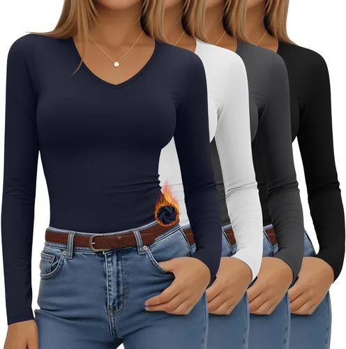 Vista 11 de Paquete de 4 camisas térmicas de manga larga para mujer, con forro polar, cuello en V, ropa interior ajustada, capa base, básica, tops cálidos
