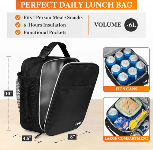 Vista 2 de OPUX lonchera aislada de alta calidad Bolsa de almuerzo escolar suave hermética para niños y niñas Durable y reutilizable como lonchera de Negro