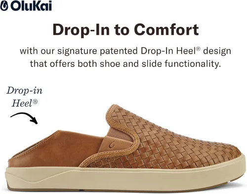 Vista 2 de OLUKAI Lae'ahi Lauhala - Zapatos de cuero tejido para hombre, versátiles tenis de cuero para uso diario, diseño fácil de poner, uso durante todo