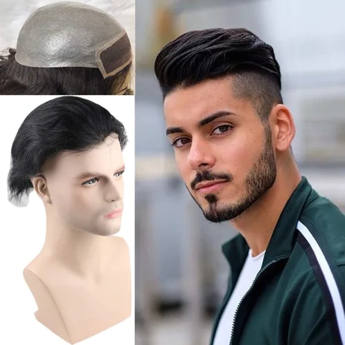 Vista 4 de Voloria Toupee para hombres 100% cabello humano europeo suizo frente encaje frontal natural piezas de cabello 0.003 in piel fina PU V-looped sistema