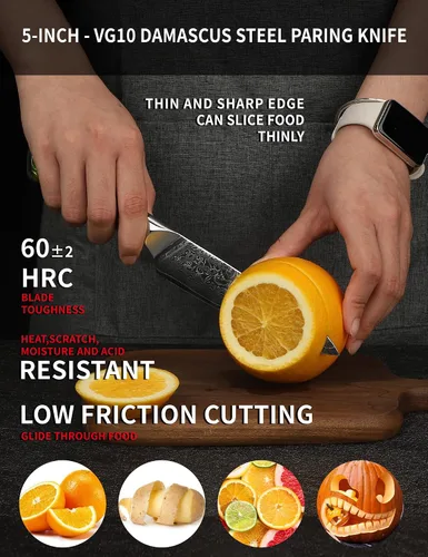 Vista 3 de Cuchillo utilitario de cocina de 5 pulgadas, cuchillos de cocina de la serie Xuan, acero de damasco VG10 con mango de resina (naranja fantasía)