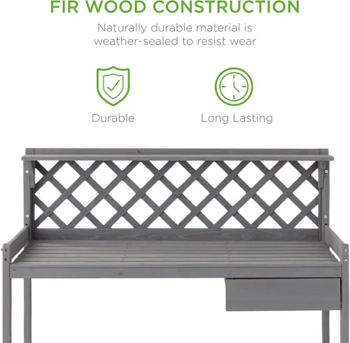 Vista 8 de Best Choice Products Banco para macetas de jardín al aire libre, mesa de trabajo de madera con cajón de gabinete, estante abierto, almacenamiento