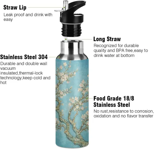 Vista 3 de ALAZA Botella de agua con diseño de flor de almendra con tapa de pajilla, botella térmica de acero inoxidable aislada al vacío, botella de agua