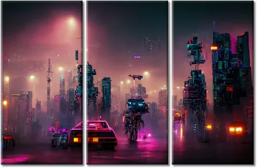 Vista 100 de Arte de pared de 3 piezas de escena de ciencia ficción de la calle comercial futurista paisaje urbano, decoración de pared para dormitorio