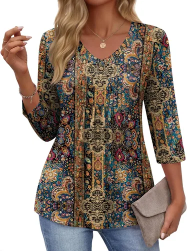 Vista 2 de Ekouaer Blusas de manga 3/4 para mujer, cuello en V, blusas plisadas casuales Boho Multicolor