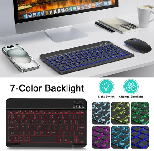 Vista 3 de Combo de teclado y mouse inalámbricos, teclado y mouse Bluetooth recargables con retroiluminación de 7 colores y receptor USB inalámbrico de 2.4