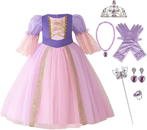 Vista 18 de Disfraz de princesa Sofía Rapunzel para niñas, disfraz de Halloween, Navidad, cumpleaños, fiesta con accesorios