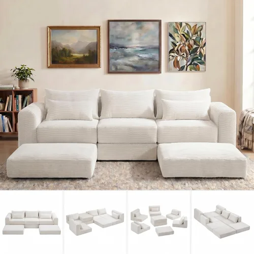 Vista 10 de Juego de sofás modulares deshuesados seccionales de 100 pulgadas para sala de estar, sofá modular tapizado en forma de L movible con 5 almohadas Gris