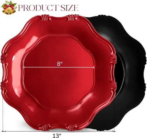 Vista 2 de ZOOFOX Juego de 12 salvamanteles rojos, salvamanteles metálicos de 13" con bordes festoneados para plato de cena, platos de servicio decorativos