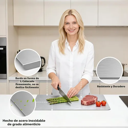 Vista 4 de Tabla de cortar para cocina, tabla de cortar de acero inoxidable con labio, tabla de cortar de metal para carne, verduras, frutas y masa de pan