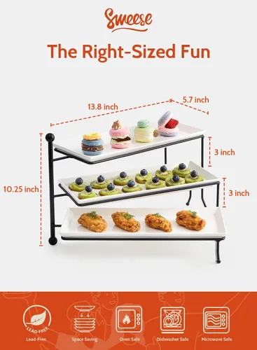 Vista 2 de Sweese Soporte para servir de 3 niveles, soporte rectangular plegable de exhibición de alimentos con platos de porcelana blanca, bandejas