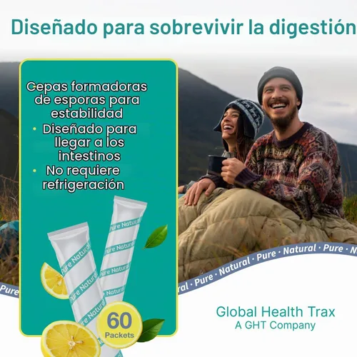 Vista 4 de Global Health Trax GHT - Mezcla de bebida en polvo probiótica de limón FiveLac, probióticos para mujeres, hombres y niños, apoyo y eliminación