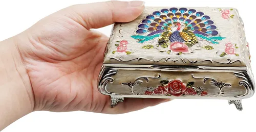 Vista 4 de Joyero de aleación de metal con diseño de rosas de pavo real vintage, de lujo, caja de almacenamiento, anillo y baratija para mujeres y niñas, rosa