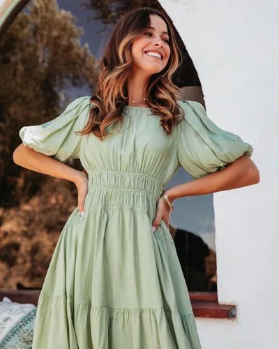 Vista 4 de AlvaQ Vestido de verano para mujer, cuello redondo, manga abombada, casual, fruncido, cintura alta, volantes, acampanado, vestido de verano