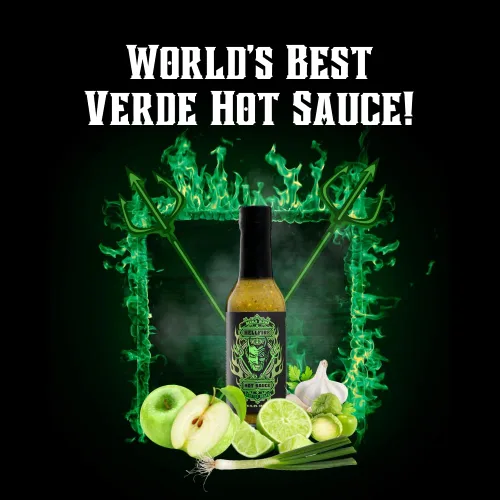 Vista 5 de Hellfire Hot Sauce Devil's Blend - Salsa Verde Gourmet picante picante de Carolina Reaper asada al fuego, presentada en el programa de televisión