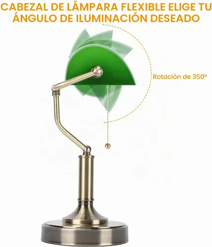 Vista 5 de LINNMON Bankers - Lámpara de escritorio verde con interruptor de cadena de tracción, lámpara retro con puertos de carga USB y tipo C, lámpara