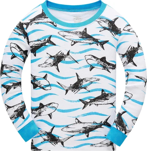 Vista 2 de Pijama de dos piezas para niños pequeños con dinosaurio que brilla en la oscuridad, 100 % de algodón ropa de tiburón para dormir tamaño 2-10T
