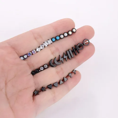 Vista 7 de TEN MIRO Juego de 18 pares de aretes pequeños para cartílago para mujeres y hombres, acero inoxidable 316L, 20G, cartílago, hélix, luna, estrella