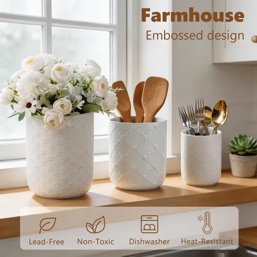 Vista 6 de Soporte para utensilios de cocina en relieve, recipiente de cerámica blanca para encimera, organizador grande de utensilios para espátula, cuchara
