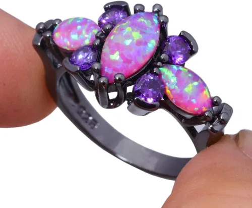Vista 4 de CiNily Anillo de ópalo púrpura y amatista chapado en oro negro para mujeres y mujeres