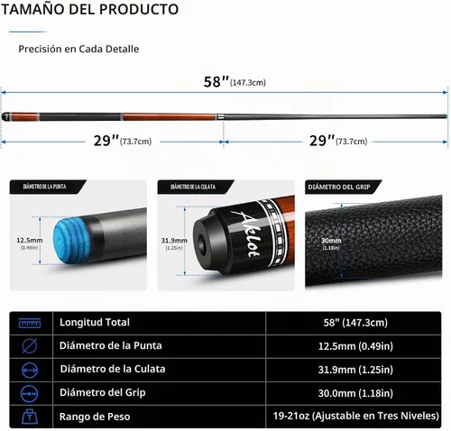 Vista 9 de AKLOT Carbon Fiber Pool Cue Stick, 58”, 19oz, Low Deflection Pro Billiard Stick, 12.5mm Tip, Maple Butt & Buffalo Leather Grip Weight Adjustment