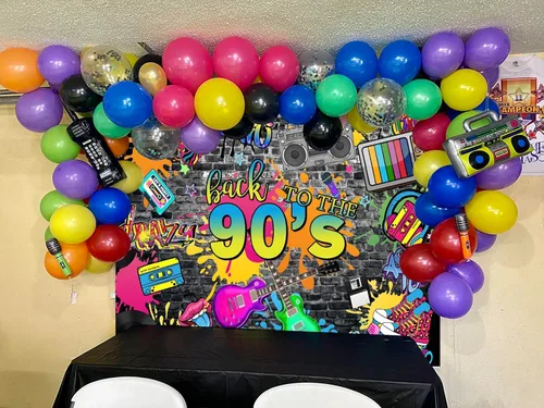 Vista 2 de Telón de fondo de los años 90 de 7 x 5 pies para decoraciones de fiesta, pared de ladrillo de graffiti de hip hop, fondo de fotografía de regreso a