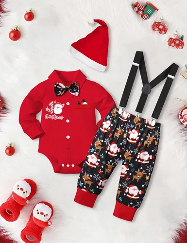 Vista 3 de Conjunto de 3 piezas de traje de Navidad para bebé niño con corbatín y tirantes, pantalones, gorro, conjunto de 3 piezas