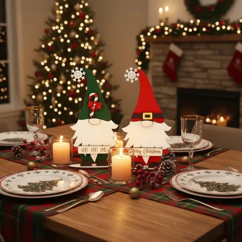 Vista 6 de Juego de 3 decoraciones de mesa de Navidad con gnomos de madera, decoración navideña para el hogar, oficina, chimenea, centro de mesa