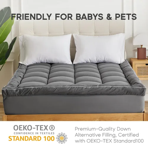 Vista 4 de Sonive Protector de colchón tamaño individual XL, sobrecolchón extra grueso con relleno alternativo de 35.27 oz/m², acolchado suave y esponjoso