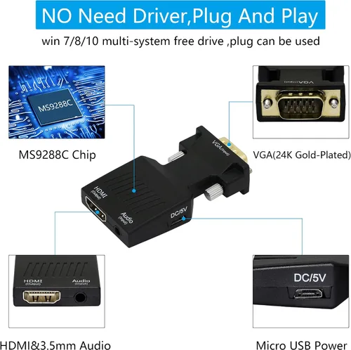Vista 3 de YACSEJAO Adaptador VGA a HDMI 1080P VGA macho a HDMI hembra convertidor (Cable)