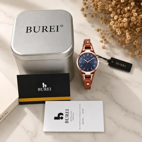 Vista 6 de BUREI Reloj de pulsera analógico de cuarzo para mujer, correa de cuero, reloj de pulsera Relogio Feminino, regalo para mujer