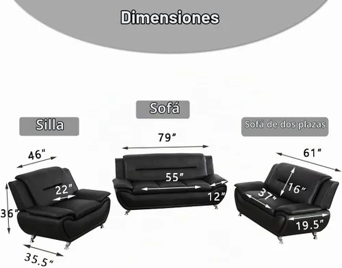 Vista 2 de Juego de sofá de cuero (3 piezas, cuero negro B), muebles de sala de estar para apartamento, material de estilo minimalista, fácil montaje B-cuero
