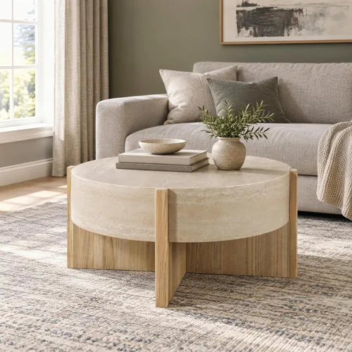 Vista 42 de Mesa de centro redonda de madera rústica de 29.7 pulgadas de 2 niveles con 29.7''-Rustic Natural