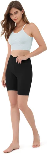 Vista 5 de ODODOS Women's Cross Waist Biker Shorts with Inner Pocket, Sports Athletic Workout Running Yoga Shorts- 8" 2.5" Inseam