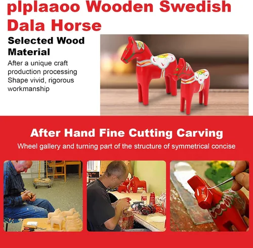Vista 4 de Plplaaoo 1 par de caballos de madera de Dala de Europa, estatua de caballos de madera suecos, pintada a mano, decoración de caballo Dala sueco rojo