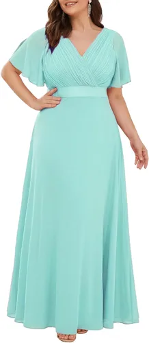 Vista 28 de Ever-Pretty Vestidos formales de noche de gasa para mujer con cuello en V de talla grande para mujeres con curvas, vestido de dama de honor de largo